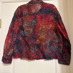 Chico's Sz 2 Collared Semi-Sheer Colorful Shirt, Red, Turquoise
